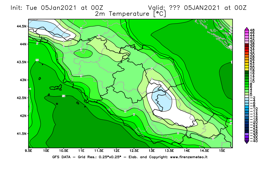 Mappa di analisi GFS - Temperatura a 2 metri dal suolo [°C] in Centro-Italia
									del 05/01/2021 00 <!--googleoff: index-->UTC<!--googleon: index-->