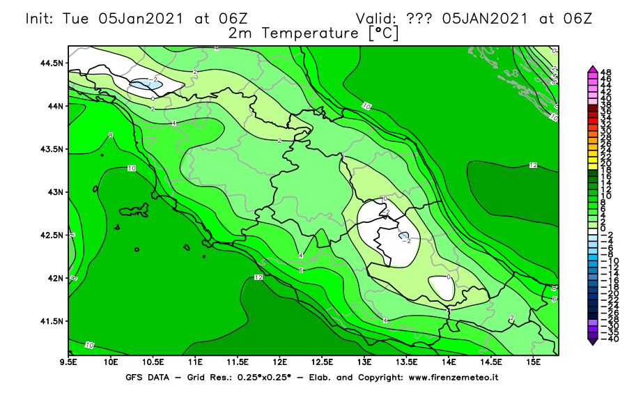 Mappa di analisi GFS - Temperatura a 2 metri dal suolo [°C] in Centro-Italia
									del 05/01/2021 06 <!--googleoff: index-->UTC<!--googleon: index-->