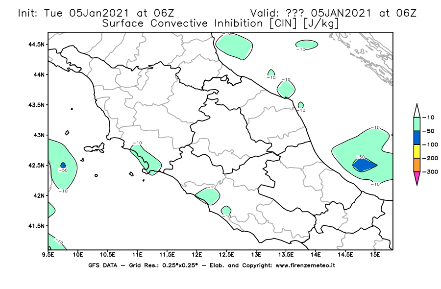 Mappa di analisi GFS - CIN [J/kg] in Centro-Italia
									del 05/01/2021 06 <!--googleoff: index-->UTC<!--googleon: index-->