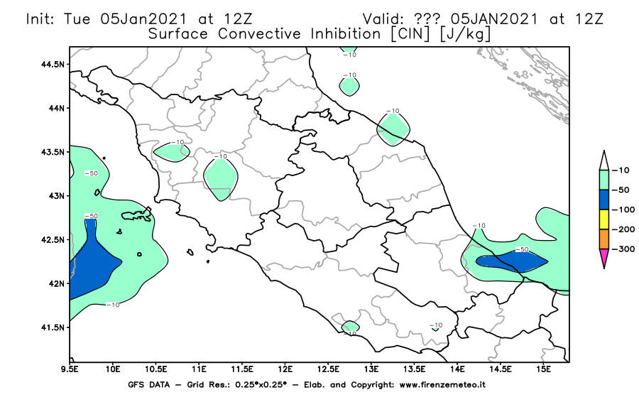 Mappa di analisi GFS - CIN [J/kg] in Centro-Italia
									del 05/01/2021 12 <!--googleoff: index-->UTC<!--googleon: index-->