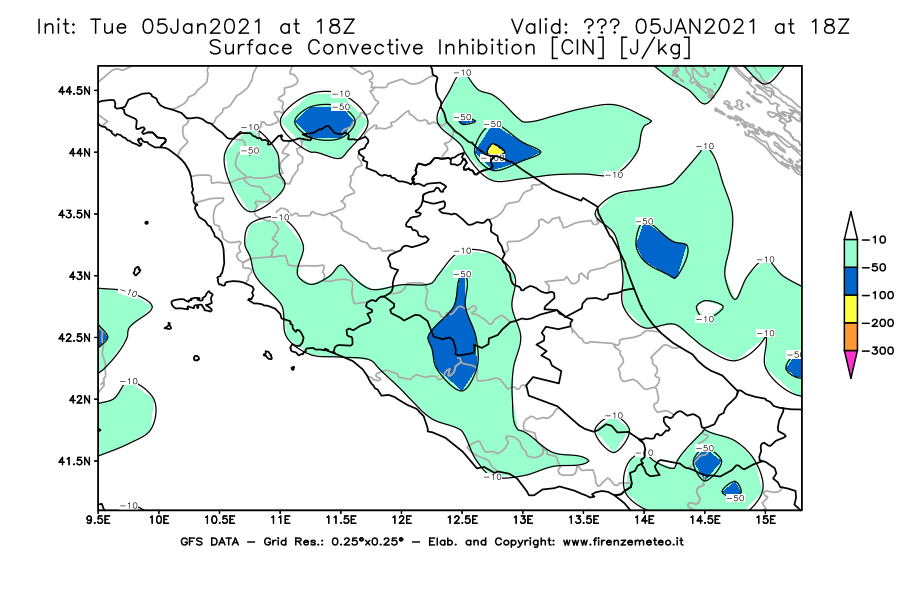Mappa di analisi GFS - CIN [J/kg] in Centro-Italia
									del 05/01/2021 18 <!--googleoff: index-->UTC<!--googleon: index-->