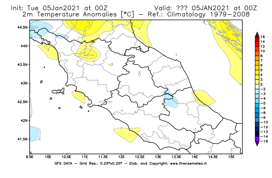 Mappa di analisi GFS - Anomalia Temperatura [°C] a 2 m in Centro-Italia
									del 05/01/2021 00 <!--googleoff: index-->UTC<!--googleon: index-->