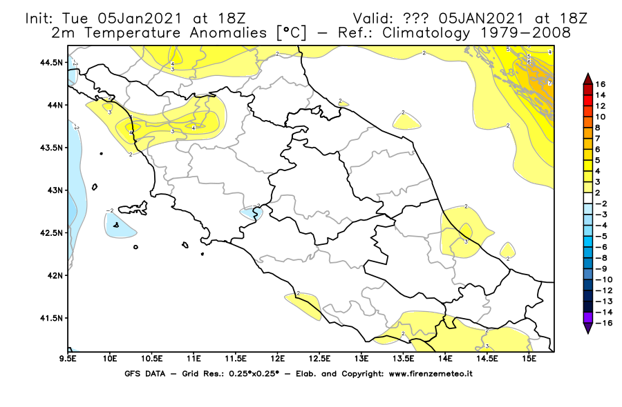 Mappa di analisi GFS - Anomalia Temperatura [°C] a 2 m in Centro-Italia
									del 05/01/2021 18 <!--googleoff: index-->UTC<!--googleon: index-->