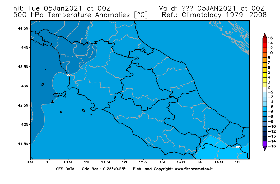 Mappa di analisi GFS - Anomalia Temperatura [°C] a 500 hPa in Centro-Italia
									del 05/01/2021 00 <!--googleoff: index-->UTC<!--googleon: index-->