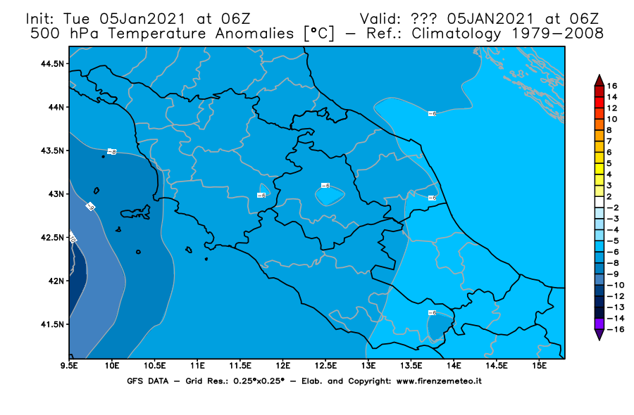 Mappa di analisi GFS - Anomalia Temperatura [°C] a 500 hPa in Centro-Italia
									del 05/01/2021 06 <!--googleoff: index-->UTC<!--googleon: index-->