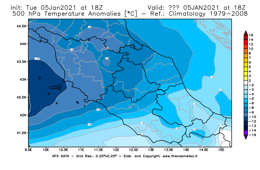 Mappa di analisi GFS - Anomalia Temperatura [°C] a 500 hPa in Centro-Italia
									del 05/01/2021 18 <!--googleoff: index-->UTC<!--googleon: index-->