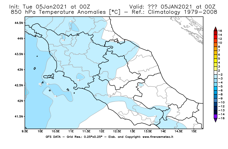 Mappa di analisi GFS - Anomalia Temperatura [°C] a 850 hPa in Centro-Italia
									del 05/01/2021 00 <!--googleoff: index-->UTC<!--googleon: index-->