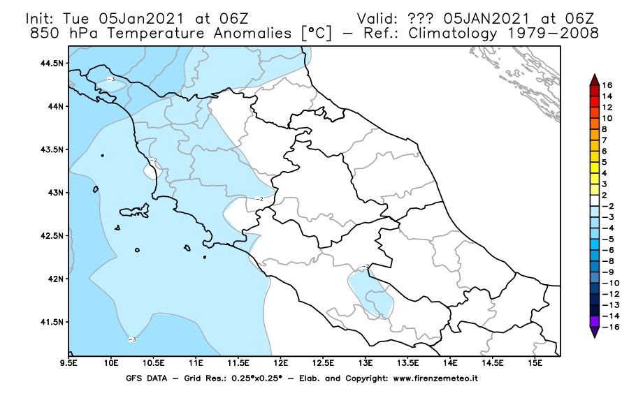 Mappa di analisi GFS - Anomalia Temperatura [°C] a 850 hPa in Centro-Italia
									del 05/01/2021 06 <!--googleoff: index-->UTC<!--googleon: index-->
