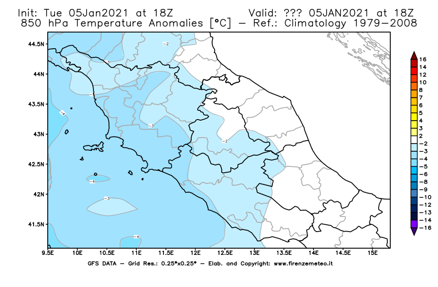 Mappa di analisi GFS - Anomalia Temperatura [°C] a 850 hPa in Centro-Italia
									del 05/01/2021 18 <!--googleoff: index-->UTC<!--googleon: index-->