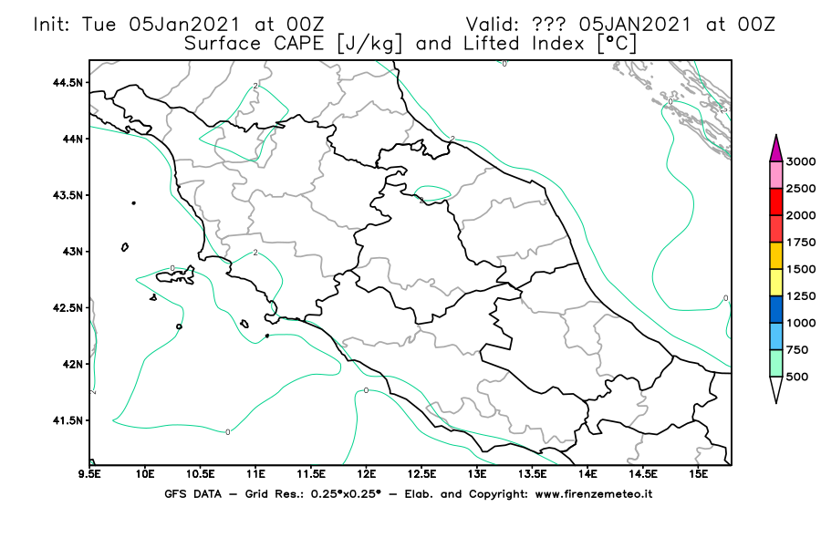 Mappa di analisi GFS - CAPE [J/kg] e Lifted Index [°C] in Centro-Italia
									del 05/01/2021 00 <!--googleoff: index-->UTC<!--googleon: index-->