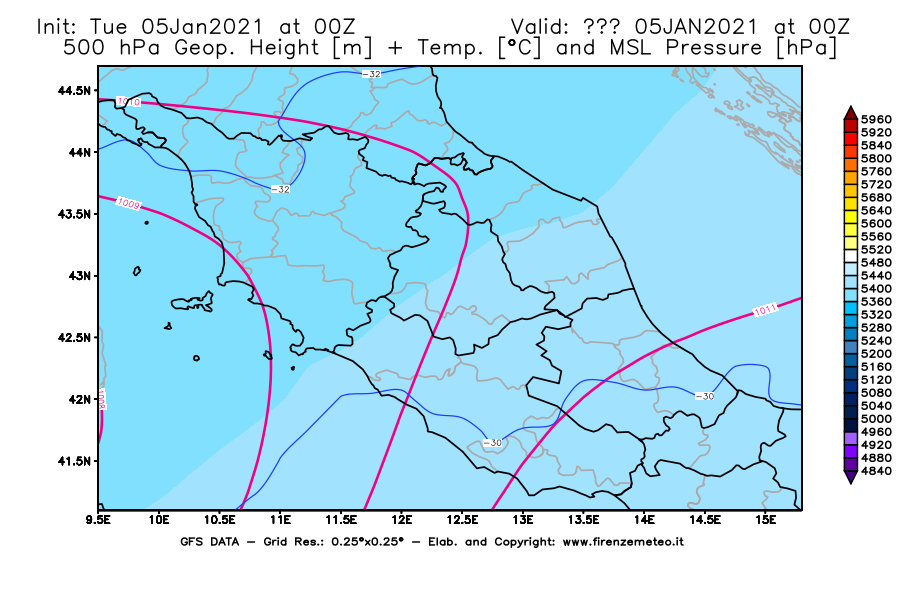 Mappa di analisi GFS - Geopotenziale [m] + Temp. [°C] a 500 hPa + Press. a livello del mare [hPa] in Centro-Italia
									del 05/01/2021 00 <!--googleoff: index-->UTC<!--googleon: index-->
