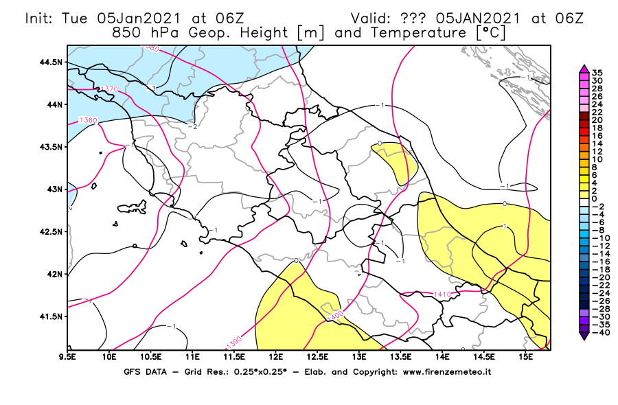 Mappa di analisi GFS - Geopotenziale [m] e Temperatura [°C] a 850 hPa in Centro-Italia
									del 05/01/2021 06 <!--googleoff: index-->UTC<!--googleon: index-->