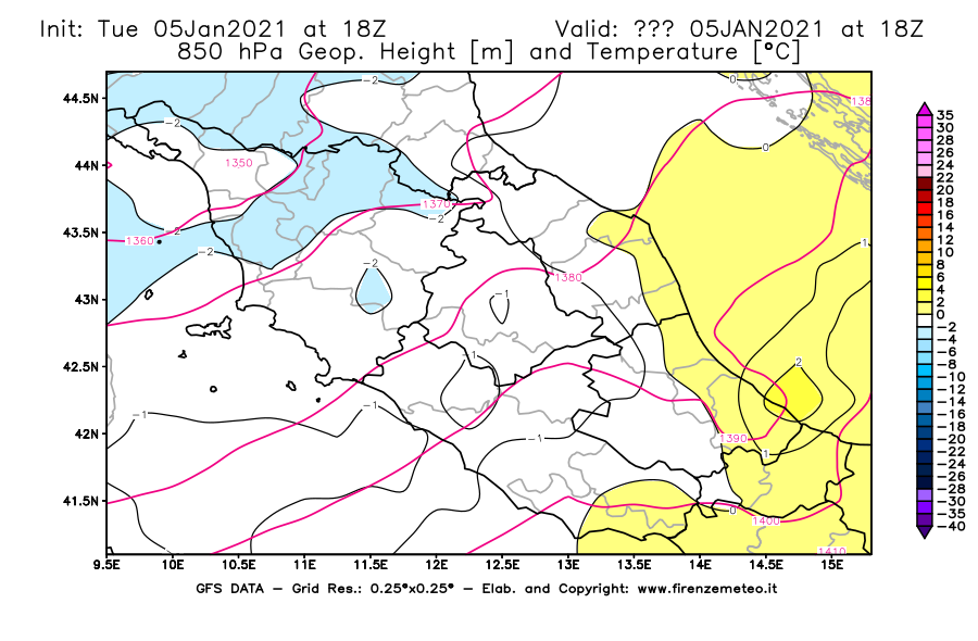 Mappa di analisi GFS - Geopotenziale [m] e Temperatura [°C] a 850 hPa in Centro-Italia
									del 05/01/2021 18 <!--googleoff: index-->UTC<!--googleon: index-->