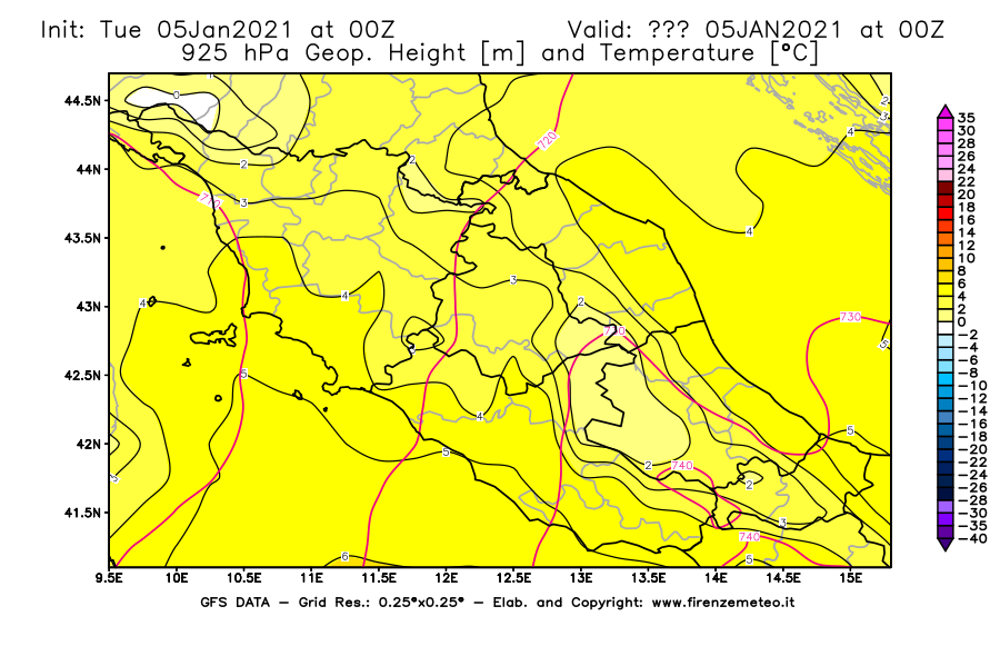 Mappa di analisi GFS - Geopotenziale [m] e Temperatura [°C] a 925 hPa in Centro-Italia
									del 05/01/2021 00 <!--googleoff: index-->UTC<!--googleon: index-->