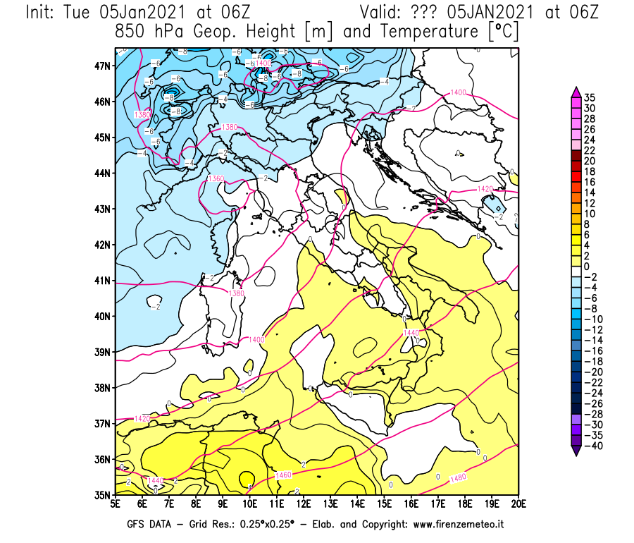 Mappa di analisi GFS - Geopotenziale [m] e Temperatura [°C] a 850 hPa in Italia
									del 05/01/2021 06 <!--googleoff: index-->UTC<!--googleon: index-->