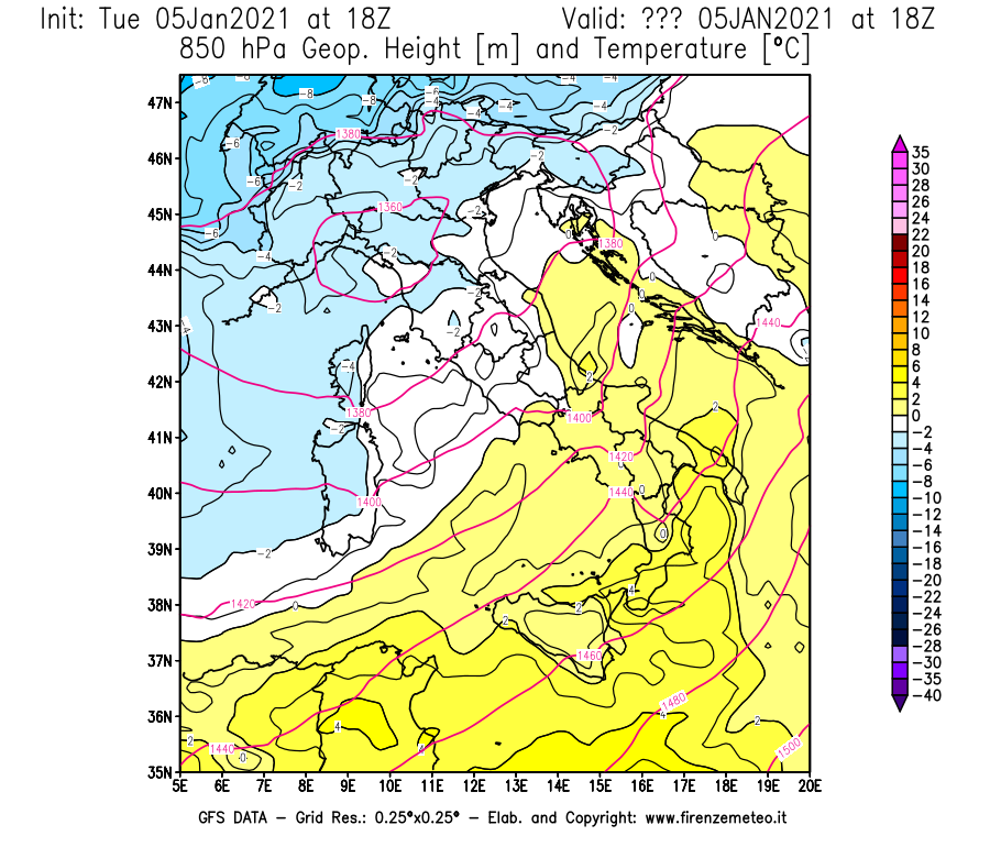 Mappa di analisi GFS - Geopotenziale [m] e Temperatura [°C] a 850 hPa in Italia
									del 05/01/2021 18 <!--googleoff: index-->UTC<!--googleon: index-->