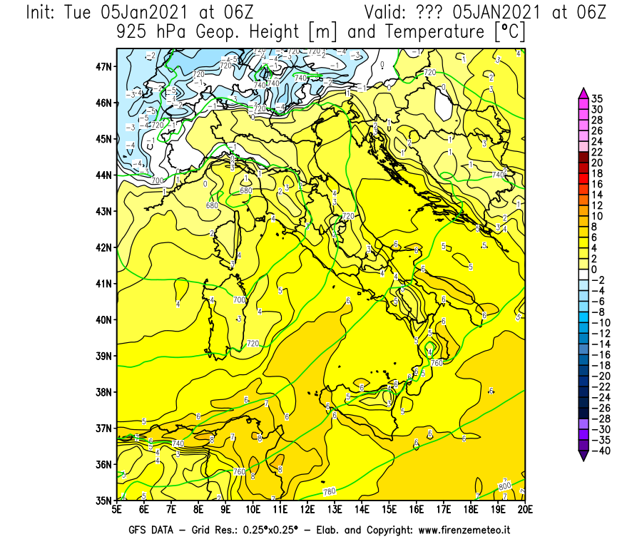 Mappa di analisi GFS - Geopotenziale [m] e Temperatura [°C] a 925 hPa in Italia
									del 05/01/2021 06 <!--googleoff: index-->UTC<!--googleon: index-->