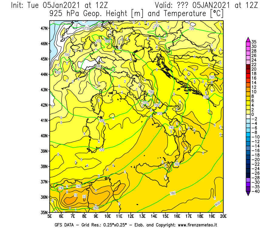 Mappa di analisi GFS - Geopotenziale [m] e Temperatura [°C] a 925 hPa in Italia
									del 05/01/2021 12 <!--googleoff: index-->UTC<!--googleon: index-->