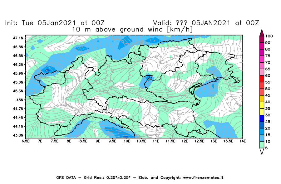 Mappa di analisi GFS - Velocità del vento a 10 metri dal suolo [km/h] in Nord-Italia
									del 05/01/2021 00 <!--googleoff: index-->UTC<!--googleon: index-->