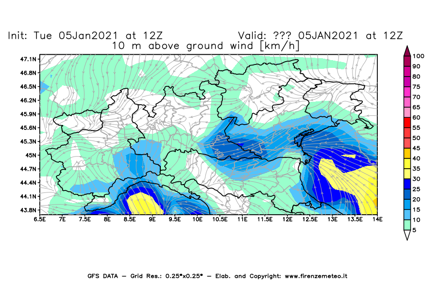 Mappa di analisi GFS - Velocità del vento a 10 metri dal suolo [km/h] in Nord-Italia
									del 05/01/2021 12 <!--googleoff: index-->UTC<!--googleon: index-->