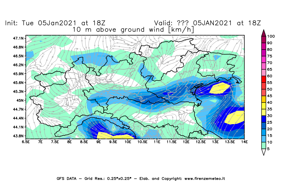 Mappa di analisi GFS - Velocità del vento a 10 metri dal suolo [km/h] in Nord-Italia
									del 05/01/2021 18 <!--googleoff: index-->UTC<!--googleon: index-->