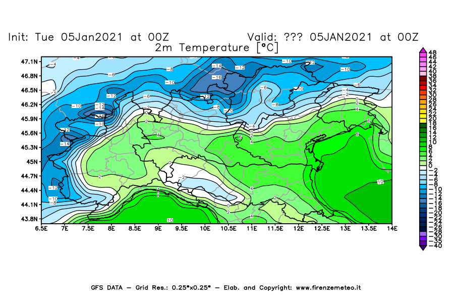 Mappa di analisi GFS - Temperatura a 2 metri dal suolo [°C] in Nord-Italia
									del 05/01/2021 00 <!--googleoff: index-->UTC<!--googleon: index-->