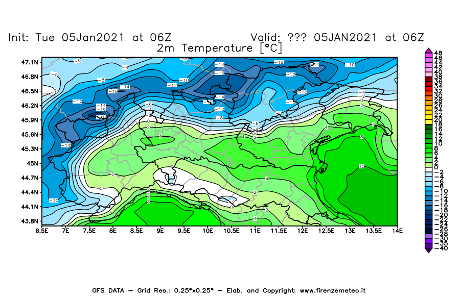 Mappa di analisi GFS - Temperatura a 2 metri dal suolo [°C] in Nord-Italia
									del 05/01/2021 06 <!--googleoff: index-->UTC<!--googleon: index-->