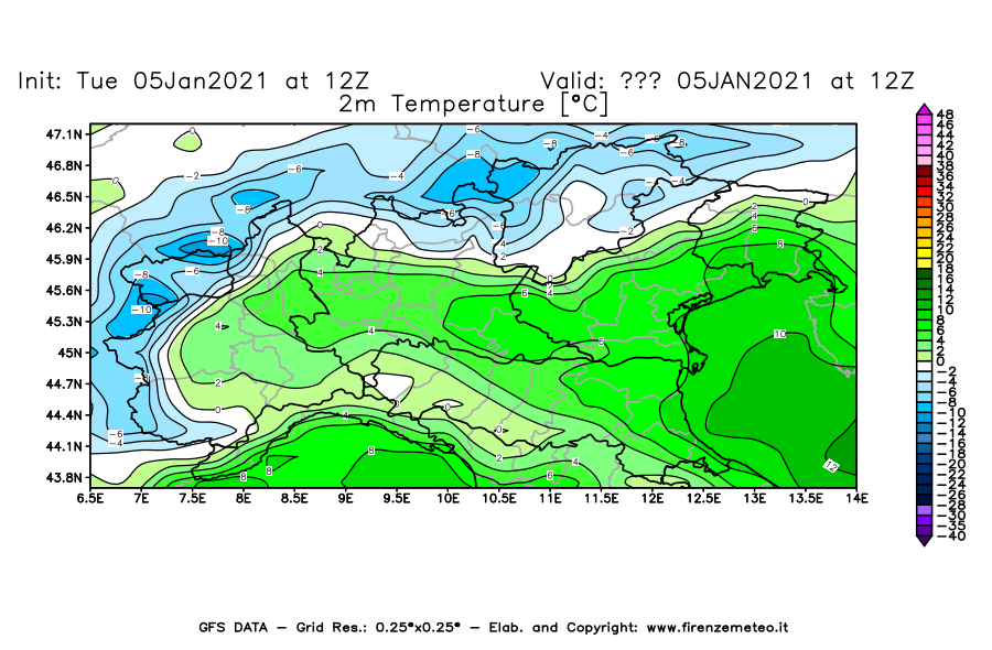 Mappa di analisi GFS - Temperatura a 2 metri dal suolo [°C] in Nord-Italia
									del 05/01/2021 12 <!--googleoff: index-->UTC<!--googleon: index-->