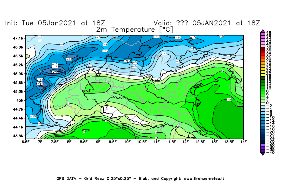 Mappa di analisi GFS - Temperatura a 2 metri dal suolo [°C] in Nord-Italia
									del 05/01/2021 18 <!--googleoff: index-->UTC<!--googleon: index-->
