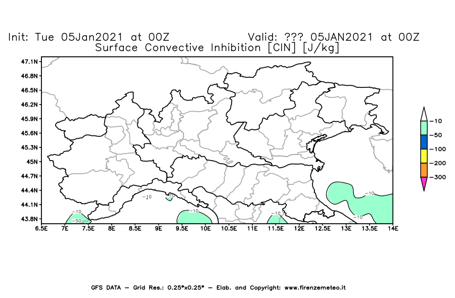 Mappa di analisi GFS - CIN [J/kg] in Nord-Italia
									del 05/01/2021 00 <!--googleoff: index-->UTC<!--googleon: index-->