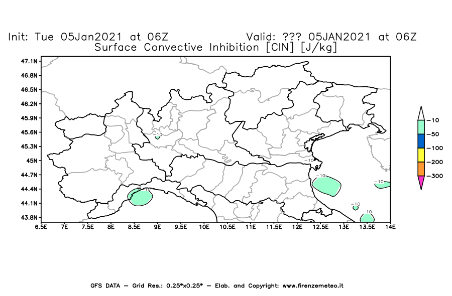 Mappa di analisi GFS - CIN [J/kg] in Nord-Italia
									del 05/01/2021 06 <!--googleoff: index-->UTC<!--googleon: index-->