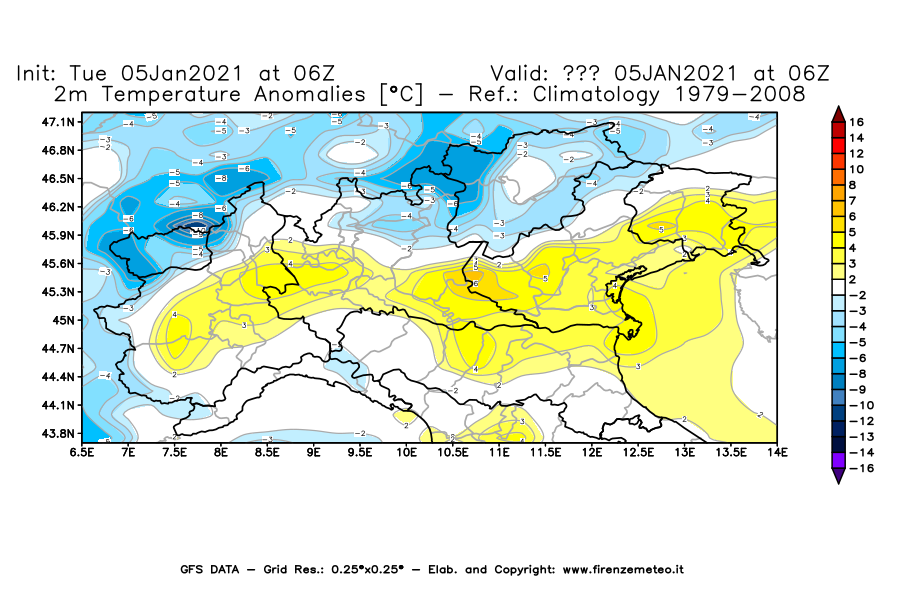 Mappa di analisi GFS - Anomalia Temperatura [°C] a 2 m in Nord-Italia
									del 05/01/2021 06 <!--googleoff: index-->UTC<!--googleon: index-->