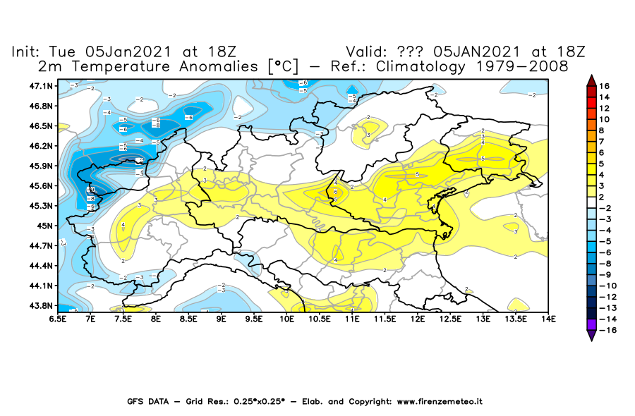 Mappa di analisi GFS - Anomalia Temperatura [°C] a 2 m in Nord-Italia
									del 05/01/2021 18 <!--googleoff: index-->UTC<!--googleon: index-->