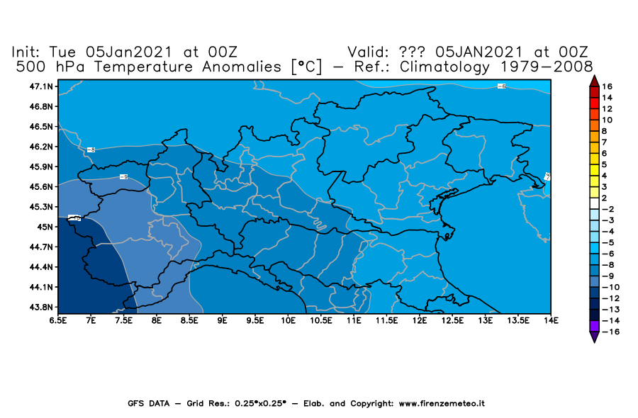 Mappa di analisi GFS - Anomalia Temperatura [°C] a 500 hPa in Nord-Italia
									del 05/01/2021 00 <!--googleoff: index-->UTC<!--googleon: index-->