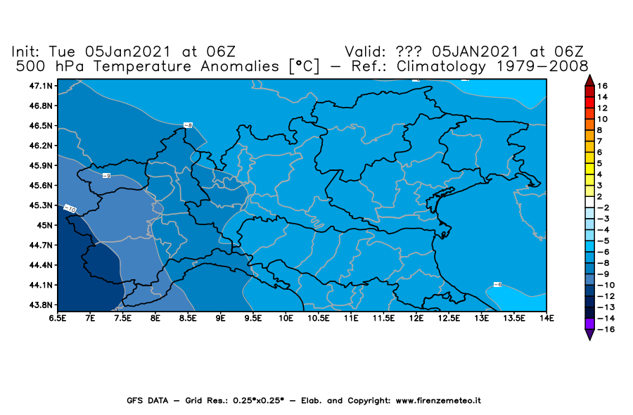 Mappa di analisi GFS - Anomalia Temperatura [°C] a 500 hPa in Nord-Italia
									del 05/01/2021 06 <!--googleoff: index-->UTC<!--googleon: index-->