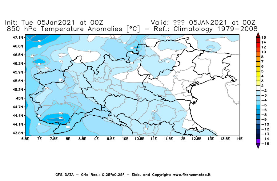 Mappa di analisi GFS - Anomalia Temperatura [°C] a 850 hPa in Nord-Italia
									del 05/01/2021 00 <!--googleoff: index-->UTC<!--googleon: index-->