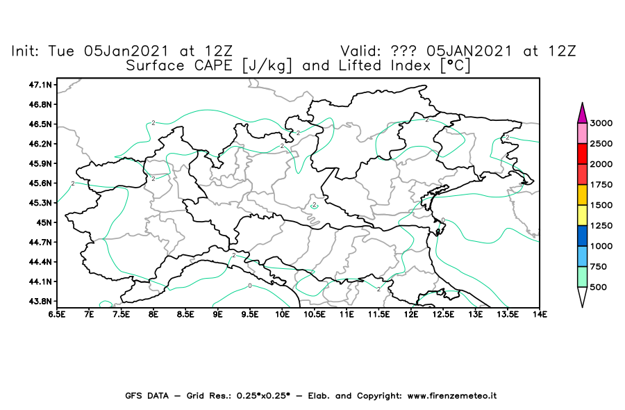 Mappa di analisi GFS - CAPE [J/kg] e Lifted Index [°C] in Nord-Italia
									del 05/01/2021 12 <!--googleoff: index-->UTC<!--googleon: index-->