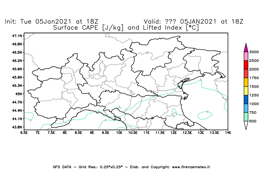 Mappa di analisi GFS - CAPE [J/kg] e Lifted Index [°C] in Nord-Italia
									del 05/01/2021 18 <!--googleoff: index-->UTC<!--googleon: index-->