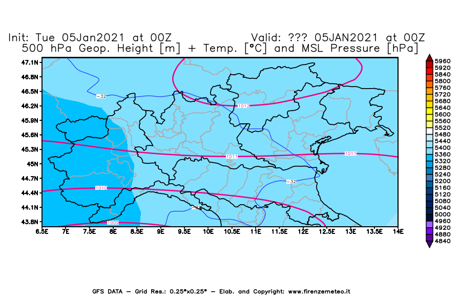Mappa di analisi GFS - Geopotenziale [m] + Temp. [°C] a 500 hPa + Press. a livello del mare [hPa] in Nord-Italia
									del 05/01/2021 00 <!--googleoff: index-->UTC<!--googleon: index-->