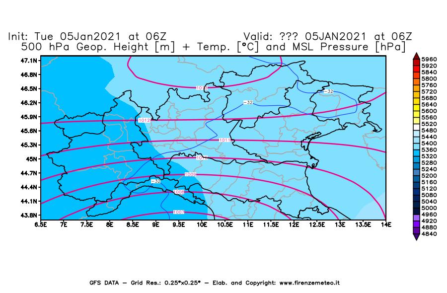 Mappa di analisi GFS - Geopotenziale [m] + Temp. [°C] a 500 hPa + Press. a livello del mare [hPa] in Nord-Italia
									del 05/01/2021 06 <!--googleoff: index-->UTC<!--googleon: index-->