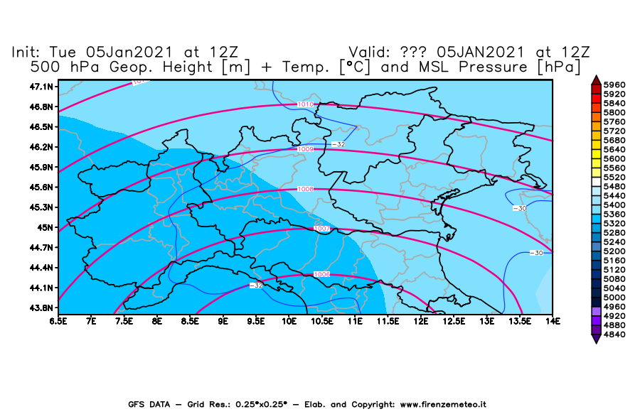 Mappa di analisi GFS - Geopotenziale [m] + Temp. [°C] a 500 hPa + Press. a livello del mare [hPa] in Nord-Italia
									del 05/01/2021 12 <!--googleoff: index-->UTC<!--googleon: index-->