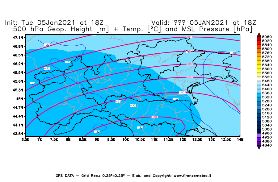 Mappa di analisi GFS - Geopotenziale [m] + Temp. [°C] a 500 hPa + Press. a livello del mare [hPa] in Nord-Italia
									del 05/01/2021 18 <!--googleoff: index-->UTC<!--googleon: index-->