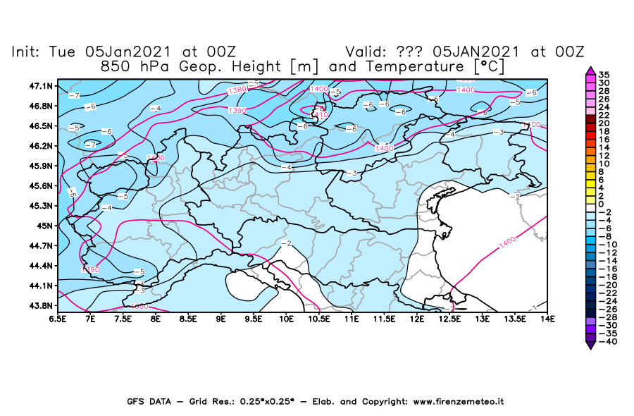 Mappa di analisi GFS - Geopotenziale [m] e Temperatura [°C] a 850 hPa in Nord-Italia
									del 05/01/2021 00 <!--googleoff: index-->UTC<!--googleon: index-->