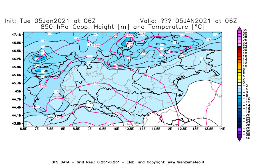 Mappa di analisi GFS - Geopotenziale [m] e Temperatura [°C] a 850 hPa in Nord-Italia
									del 05/01/2021 06 <!--googleoff: index-->UTC<!--googleon: index-->