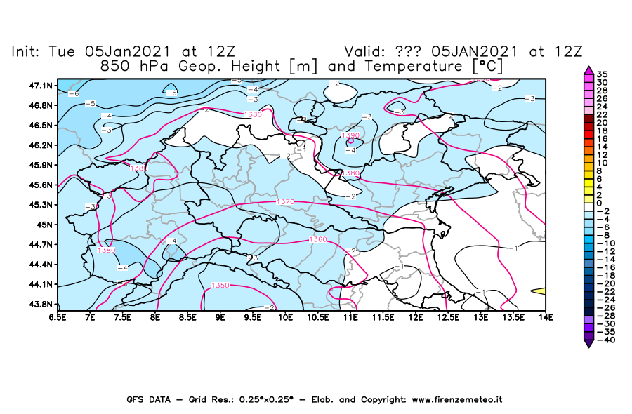 Mappa di analisi GFS - Geopotenziale [m] e Temperatura [°C] a 850 hPa in Nord-Italia
									del 05/01/2021 12 <!--googleoff: index-->UTC<!--googleon: index-->