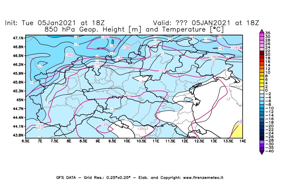 Mappa di analisi GFS - Geopotenziale [m] e Temperatura [°C] a 850 hPa in Nord-Italia
									del 05/01/2021 18 <!--googleoff: index-->UTC<!--googleon: index-->