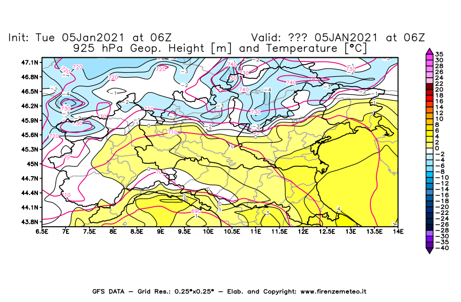 Mappa di analisi GFS - Geopotenziale [m] e Temperatura [°C] a 925 hPa in Nord-Italia
									del 05/01/2021 06 <!--googleoff: index-->UTC<!--googleon: index-->