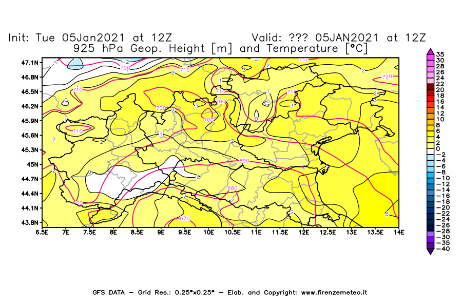 Mappa di analisi GFS - Geopotenziale [m] e Temperatura [°C] a 925 hPa in Nord-Italia
									del 05/01/2021 12 <!--googleoff: index-->UTC<!--googleon: index-->