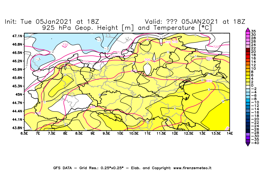 Mappa di analisi GFS - Geopotenziale [m] e Temperatura [°C] a 925 hPa in Nord-Italia
									del 05/01/2021 18 <!--googleoff: index-->UTC<!--googleon: index-->