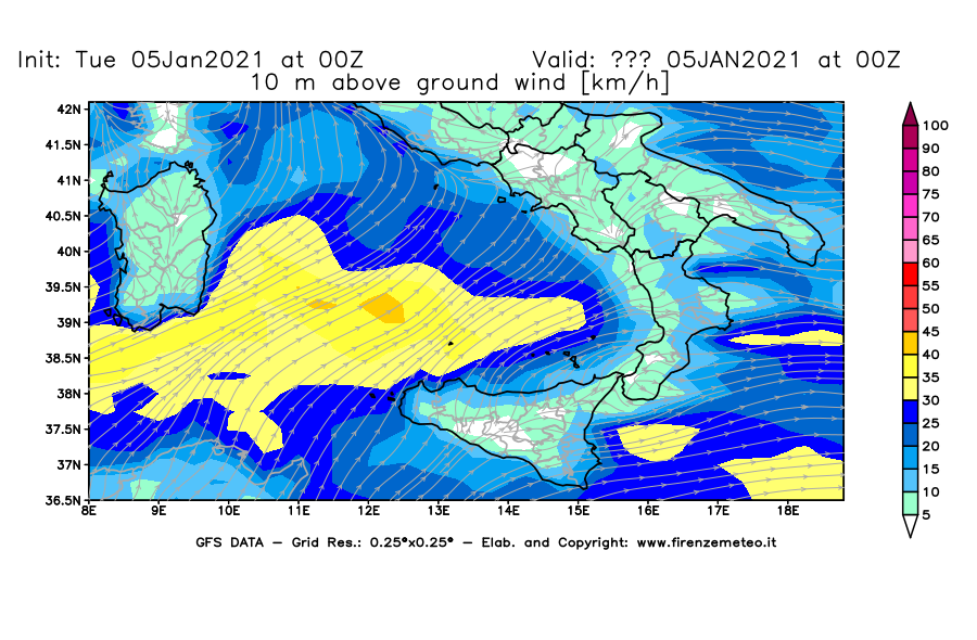 Mappa di analisi GFS - Velocità del vento a 10 metri dal suolo [km/h] in Sud-Italia
									del 05/01/2021 00 <!--googleoff: index-->UTC<!--googleon: index-->